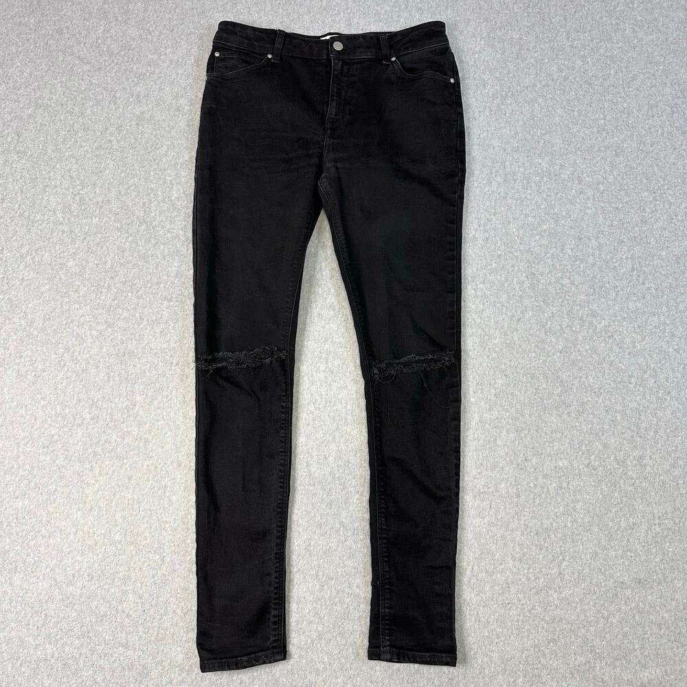 Asos Design Jeans Skinny Mid Rise Men Black W32L34 Distressed Cotton Blend Denim